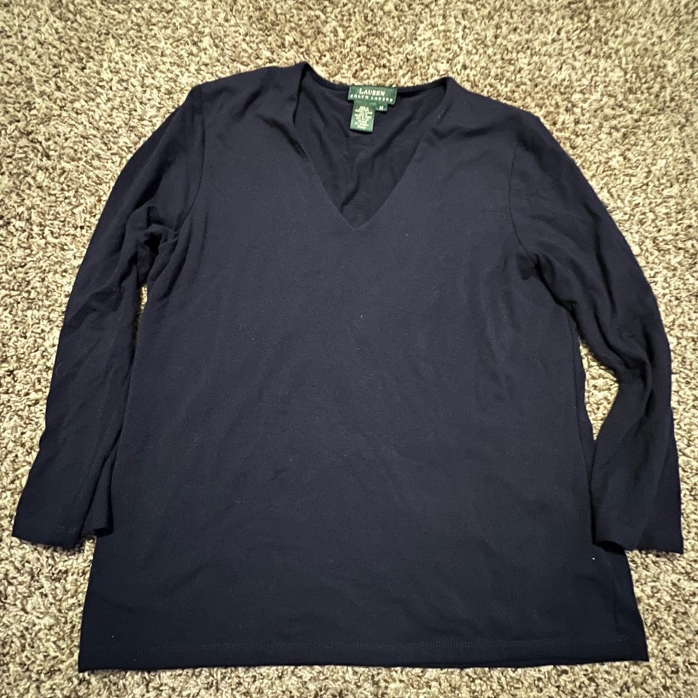 Lauren Ralph Lauren Womens Navy Blue V-Neck Long Sleeve‎ Stretch Jersey Top M